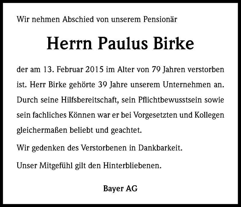  Traueranzeige für Paulus Birke vom 19.03.2015 aus Kölner Stadt-Anzeiger / Kölnische Rundschau / Express
