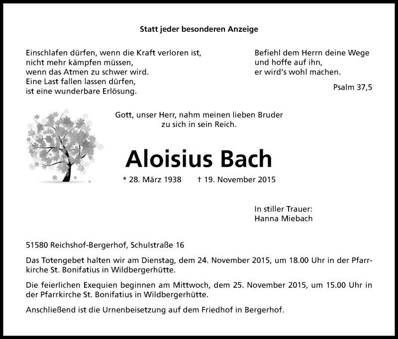  Traueranzeige für Aloisius Bach vom 21.11.2015 aus Kölner Stadt-Anzeiger / Kölnische Rundschau / Express