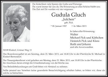 Anzeige von Gudula Gluch von  Sonntags-Post 