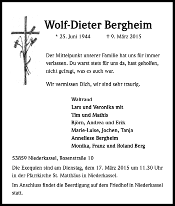 Anzeige von Wolf-Dieter Bergheim von Kölner Stadt-Anzeiger / Kölnische Rundschau / Express