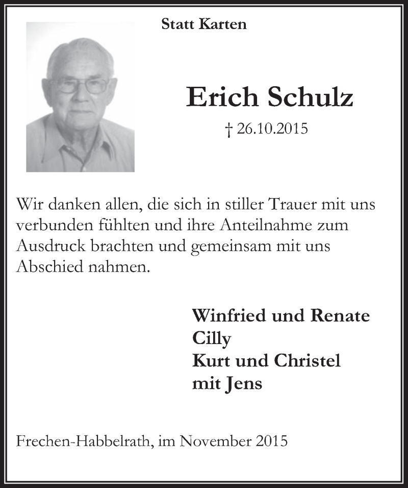  Traueranzeige für Erich Schulz vom 25.11.2015 aus  Wochenende 
