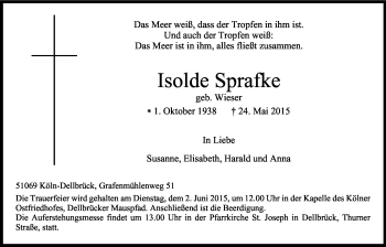 Anzeige von Isolde Sprafke von Kölner Stadt-Anzeiger / Kölnische Rundschau / Express
