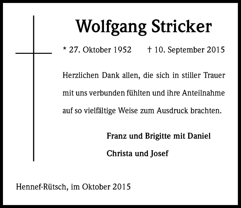  Traueranzeige für Wolfgang Stricker vom 02.10.2015 aus Kölner Stadt-Anzeiger / Kölnische Rundschau / Express