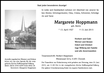Anzeige von Margarete Hoppmann von Kölner Stadt-Anzeiger / Kölnische Rundschau / Express