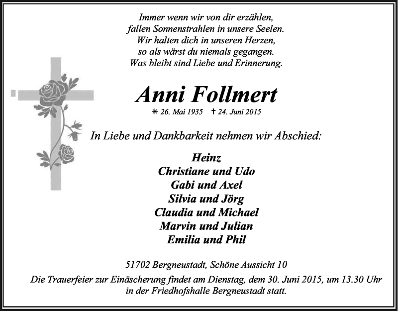  Traueranzeige für Anni Follmert vom 27.06.2015 aus Kölner Stadt-Anzeiger / Kölnische Rundschau / Express