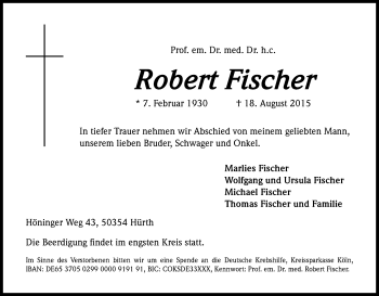 Anzeige von Robert Fischer von Kölner Stadt-Anzeiger / Kölnische Rundschau / Express