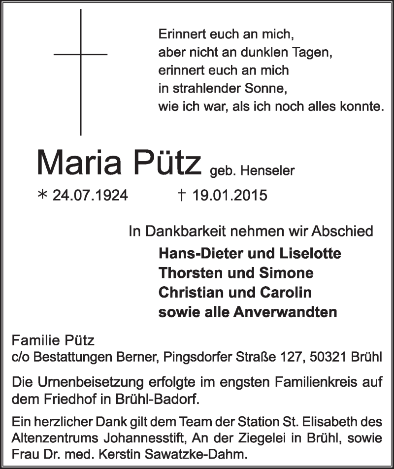  Traueranzeige für Maria Pütz vom 04.02.2015 aus  Schlossbote/Werbekurier 