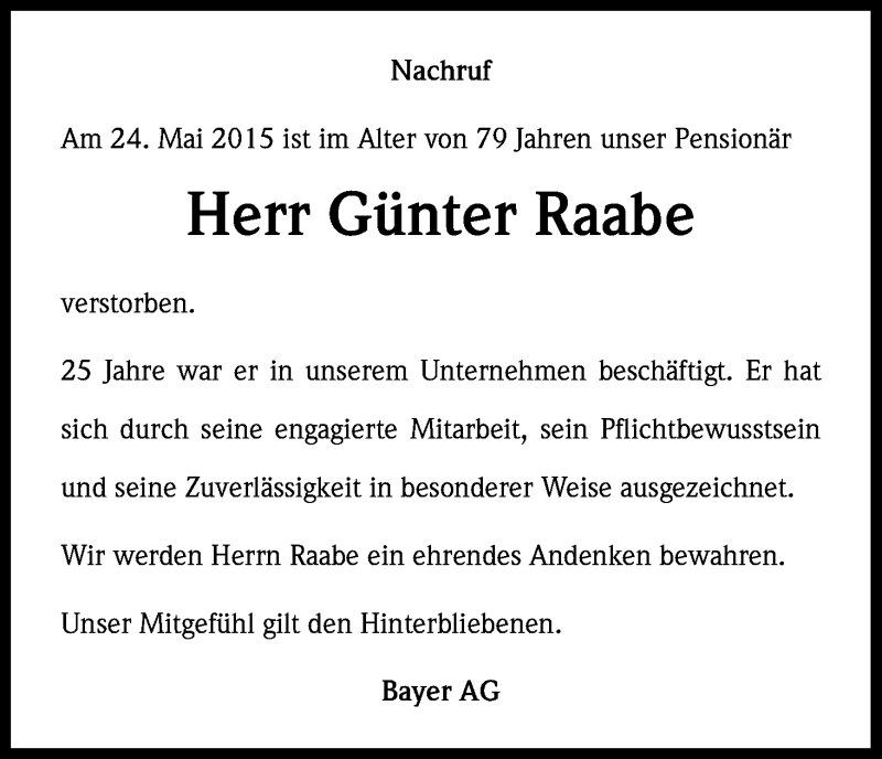  Traueranzeige für Günter Raabe vom 13.06.2015 aus Kölner Stadt-Anzeiger / Kölnische Rundschau / Express