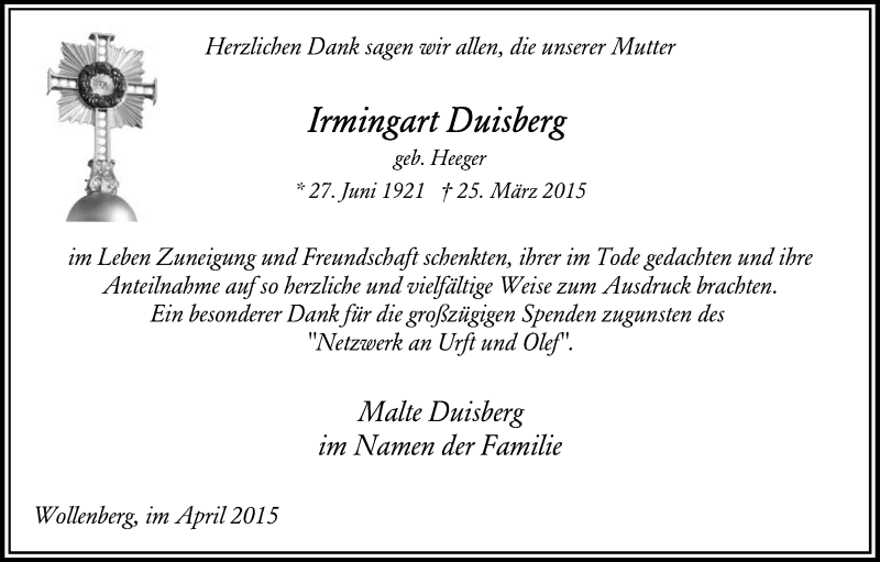  Traueranzeige für Irmingart Duisberg vom 02.05.2015 aus Kölner Stadt-Anzeiger / Kölnische Rundschau / Express