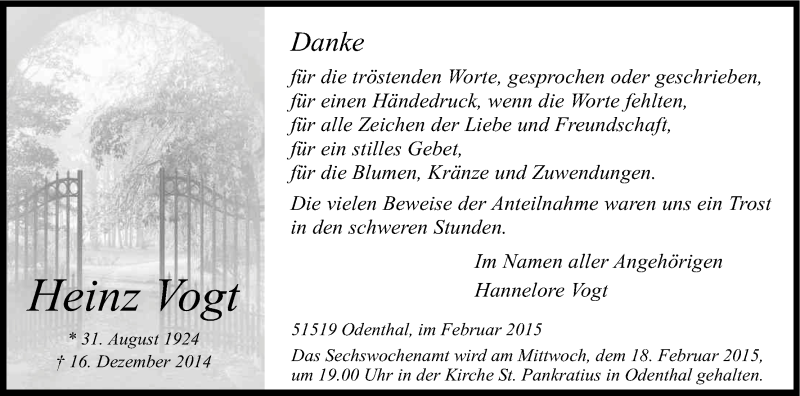  Traueranzeige für Heinz Vogt vom 14.02.2015 aus Kölner Stadt-Anzeiger / Kölnische Rundschau / Express