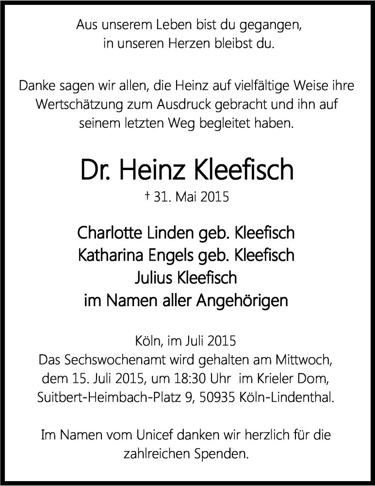  Traueranzeige für Heinz Kleefisch vom 11.07.2015 aus Kölner Stadt-Anzeiger / Kölnische Rundschau / Express