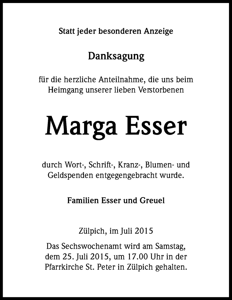  Traueranzeige für Marga Esser vom 18.07.2015 aus Kölner Stadt-Anzeiger / Kölnische Rundschau / Express