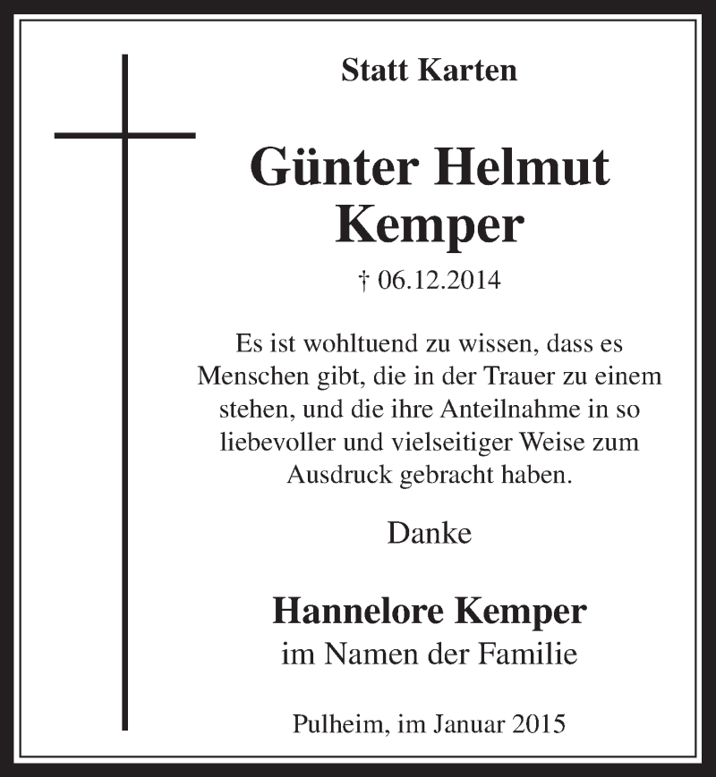  Traueranzeige für Günter Helmut Kemper vom 24.01.2015 aus  Sonntags-Post 
