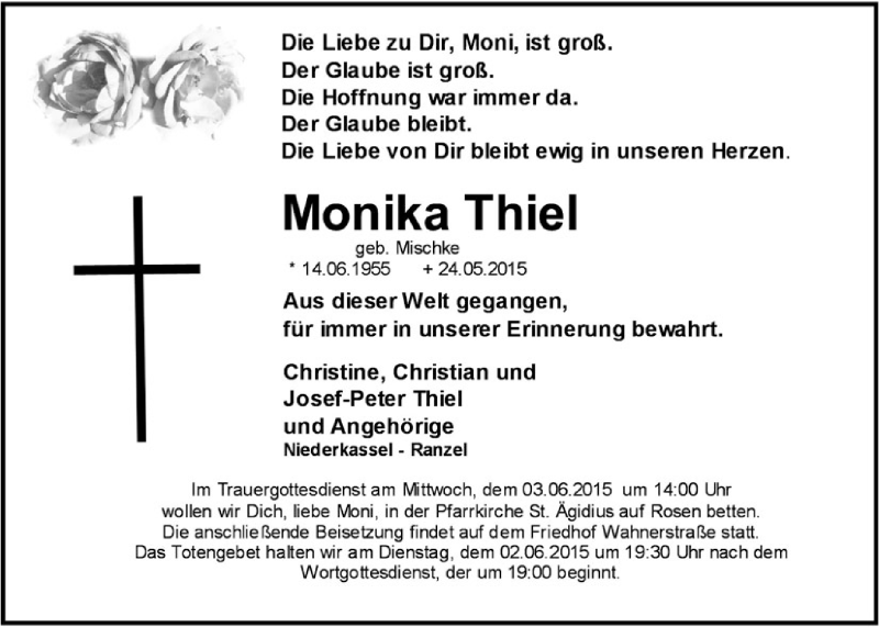  Traueranzeige für Monika Thiel vom 30.05.2015 aus  Rhein-Sieg-Wochenende 