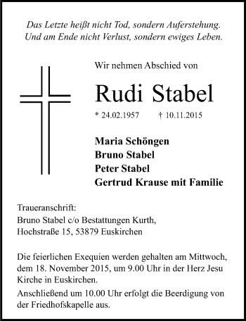 Anzeige von Rudi Stabel von  Blickpunkt Euskirchen 