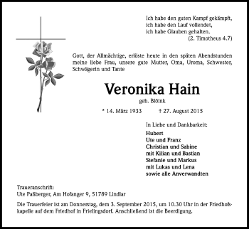 Anzeige von Veronika Hain von Kölner Stadt-Anzeiger / Kölnische Rundschau / Express