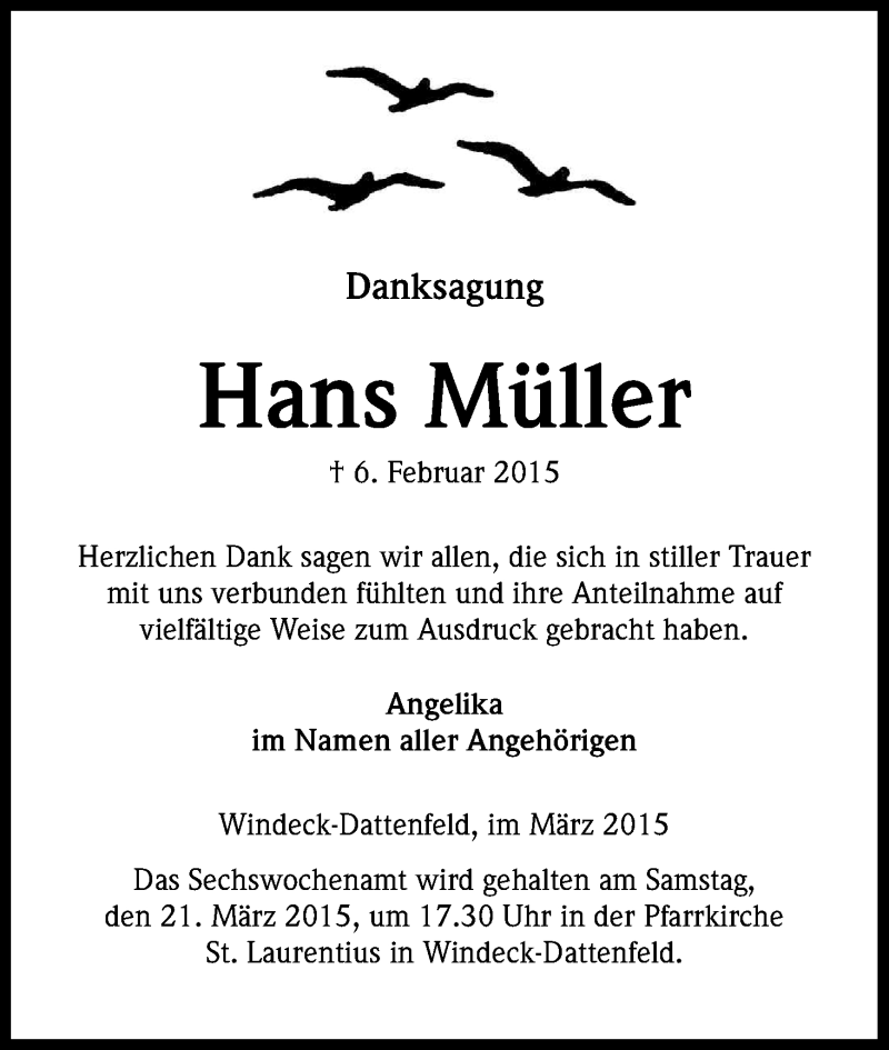  Traueranzeige für Hans Müller vom 13.03.2015 aus Kölner Stadt-Anzeiger / Kölnische Rundschau / Express