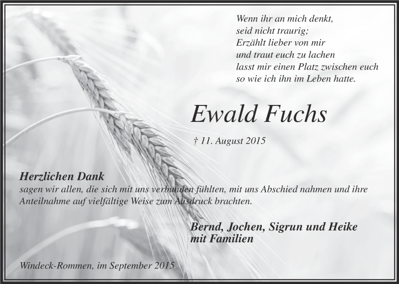  Traueranzeige für Ewald Fuchs vom 23.09.2015 aus  Lokalanzeiger 