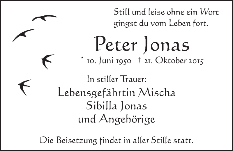  Traueranzeige für Peter Jonas vom 28.10.2015 aus  Schlossbote/Werbekurier 
