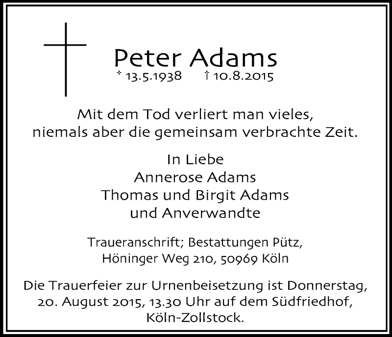  Traueranzeige für Peter Adams vom 18.08.2015 aus Kölner Stadt-Anzeiger / Kölnische Rundschau / Express