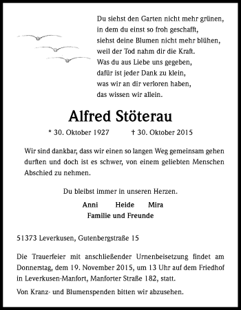 Anzeige von Alfred Stöterau von Köln - Wir Trauern