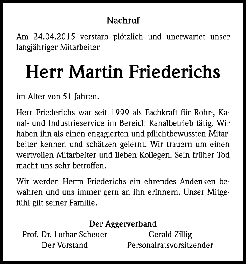  Traueranzeige für Martin Friederichs vom 02.05.2015 aus Kölner Stadt-Anzeiger / Kölnische Rundschau / Express