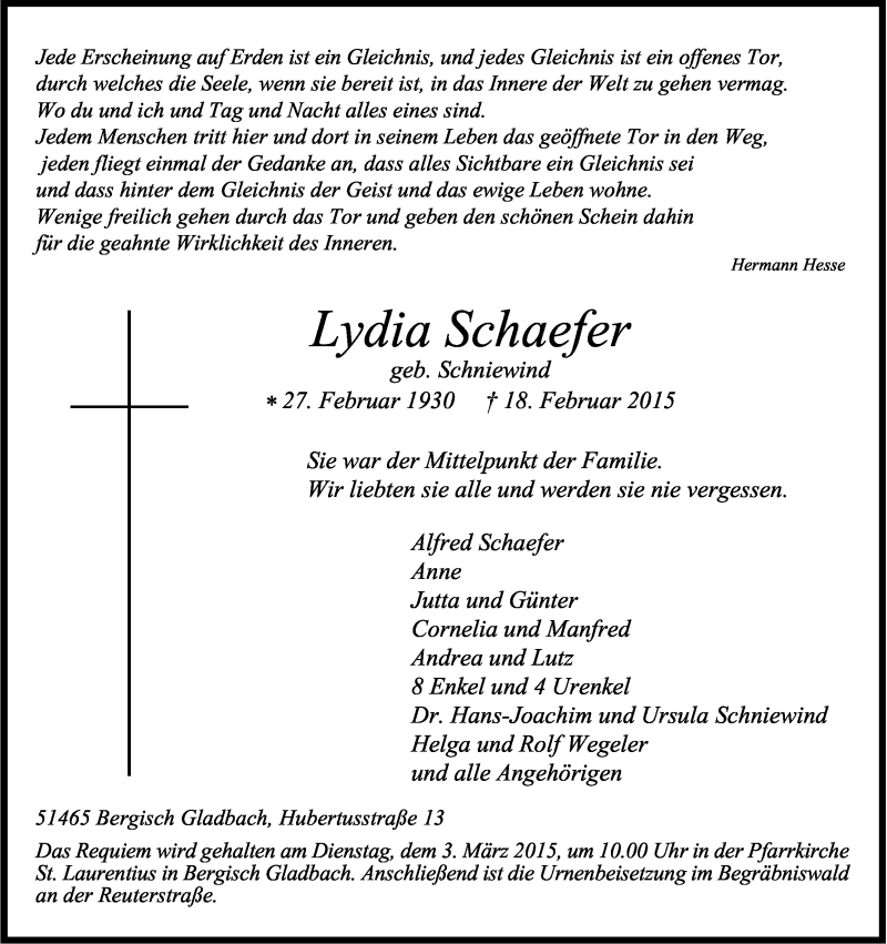  Traueranzeige für Lydia Schaefer vom 25.02.2015 aus Kölner Stadt-Anzeiger / Kölnische Rundschau / Express