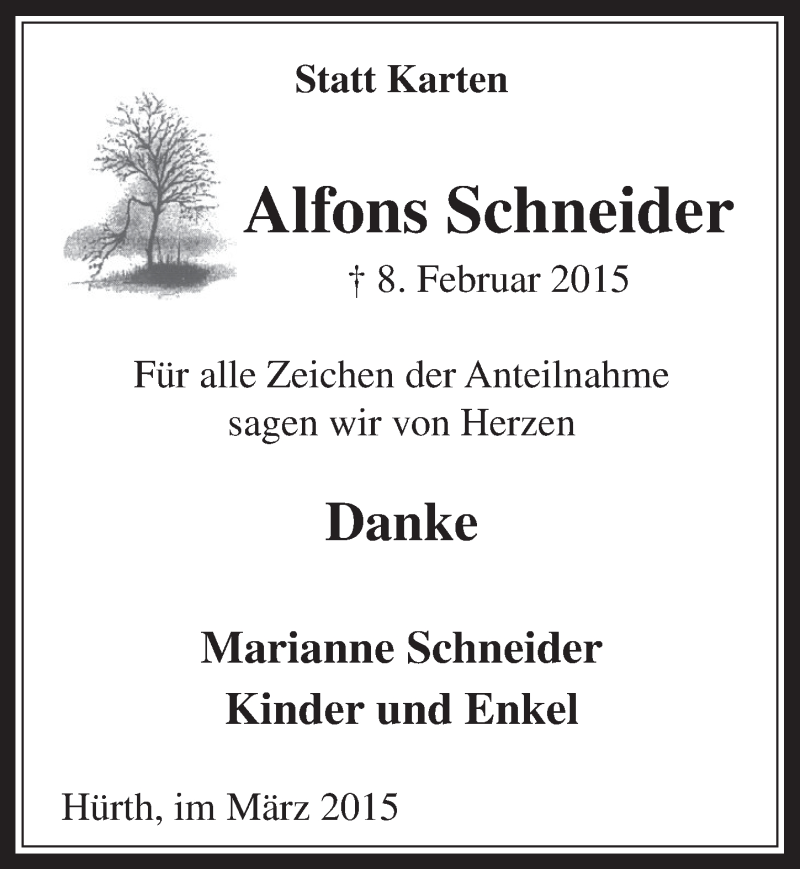  Traueranzeige für Alfons Schneider vom 18.03.2015 aus  Wochenende 