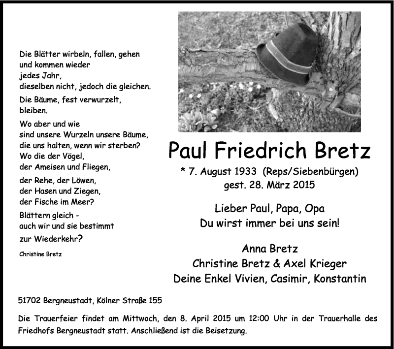  Traueranzeige für Paul Friedrich Bretz vom 04.04.2015 aus Kölner Stadt-Anzeiger / Kölnische Rundschau / Express