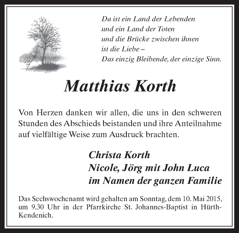  Traueranzeige für Matthias Korth vom 06.05.2015 aus  Wochenende 
