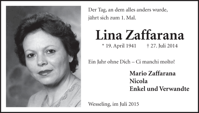  Traueranzeige für Lina Zaffarana vom 29.07.2015 aus  Schlossbote/Werbekurier 