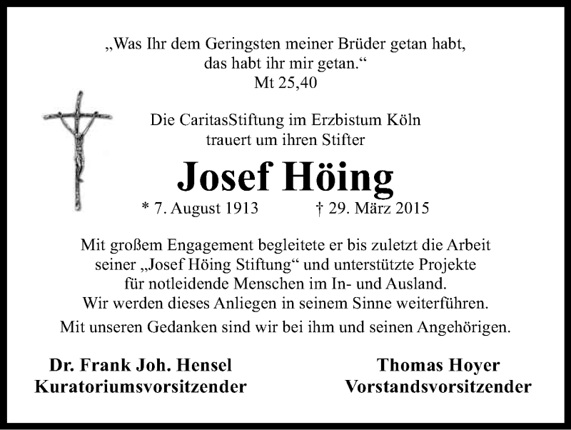  Traueranzeige für Josef Höing vom 04.04.2015 aus Kölner Stadt-Anzeiger / Kölnische Rundschau / Express