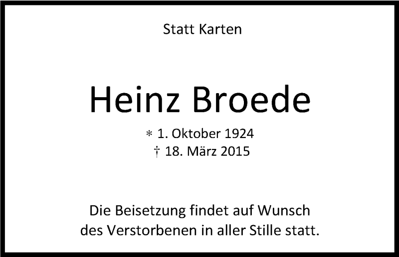  Traueranzeige für Heinz Broede vom 21.03.2015 aus Kölner Stadt-Anzeiger / Kölnische Rundschau / Express