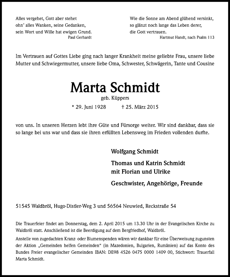  Traueranzeige für Marta Schmidt vom 27.03.2015 aus Kölner Stadt-Anzeiger / Kölnische Rundschau / Express