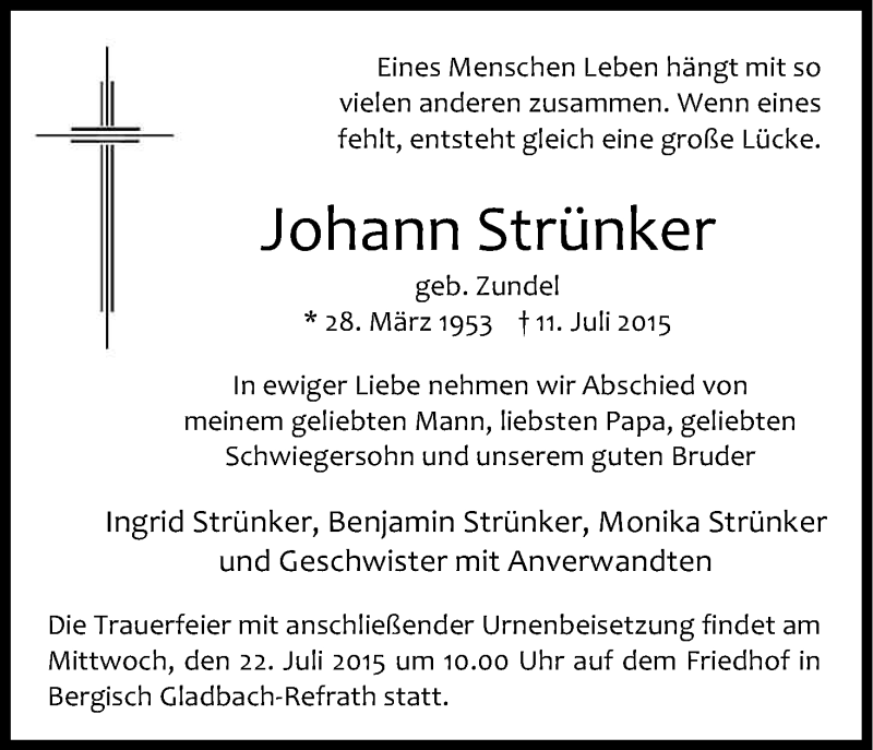  Traueranzeige für Johann Strünker vom 18.07.2015 aus Kölner Stadt-Anzeiger / Kölnische Rundschau / Express