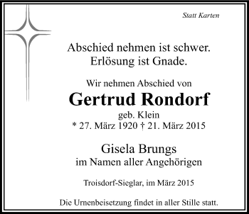 Anzeige von Gertrud Rondorf von Kölner Stadt-Anzeiger / Kölnische Rundschau / Express