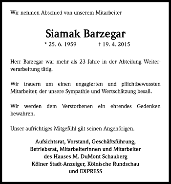 Anzeige von Siamak Barzegar von Kölner Stadt-Anzeiger / Kölnische Rundschau / Express