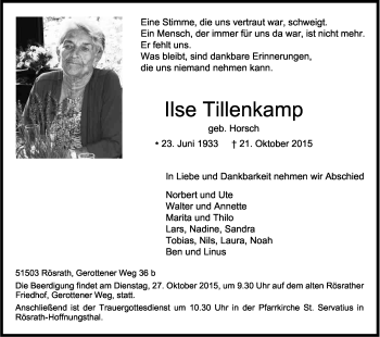 Anzeige von Ilse Tillenkamp von Kölner Stadt-Anzeiger / Kölnische Rundschau / Express