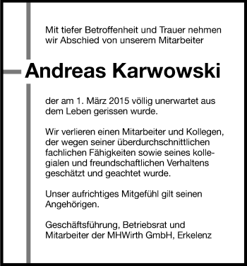 Anzeige von Andreas Karwowski von Kölner Stadt-Anzeiger / Kölnische Rundschau / Express