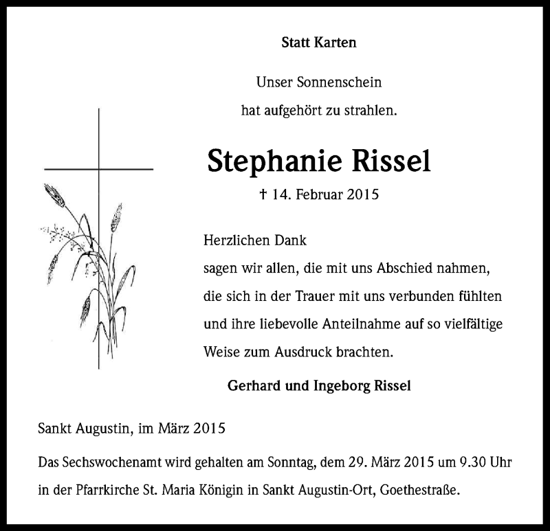 Traueranzeige für Stephanie Rissel vom 13.03.2015 aus Kölner Stadt-Anzeiger / Kölnische Rundschau / Express