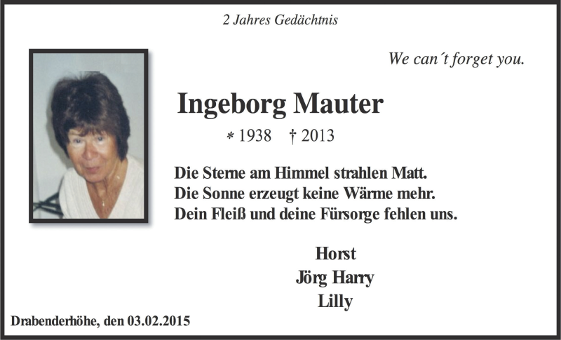  Traueranzeige für Ingeborg Mauter vom 04.02.2015 aus  Anzeigen Echo 
