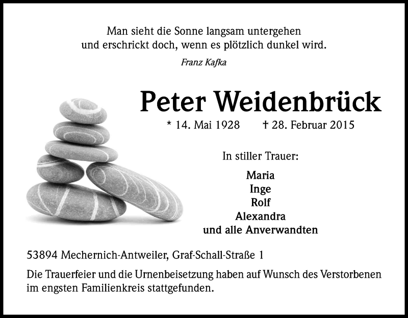  Traueranzeige für Peter Weidenbrück vom 18.03.2015 aus Kölner Stadt-Anzeiger / Kölnische Rundschau / Express