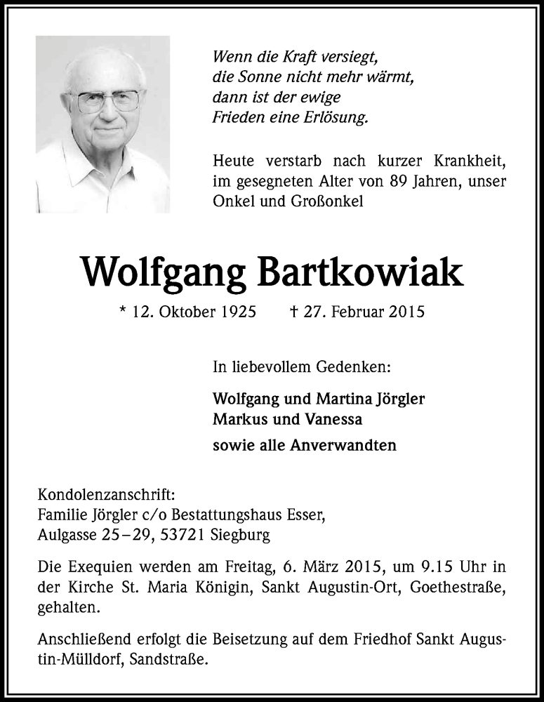  Traueranzeige für Wolfgang Bartkowiak vom 04.03.2015 aus Kölner Stadt-Anzeiger / Kölnische Rundschau / Express