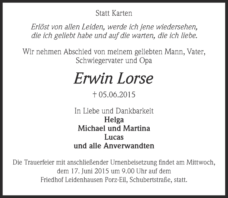  Traueranzeige für Erwin Lorse vom 10.06.2015 aus  Kölner Wochenspiegel 