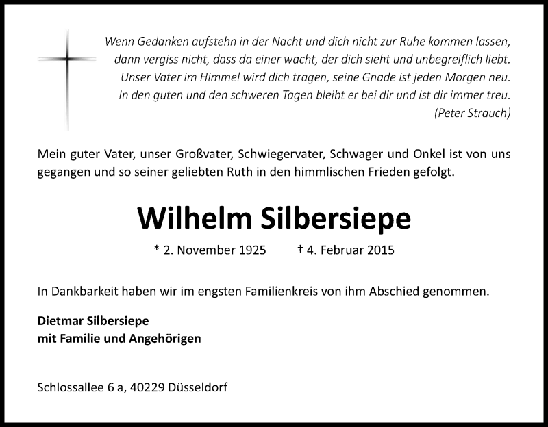  Traueranzeige für Wilhelm Silbersiepe vom 21.02.2015 aus Kölner Stadt-Anzeiger / Kölnische Rundschau / Express