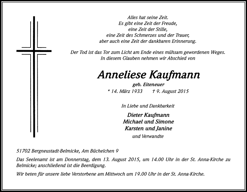  Traueranzeige für Anneliese Kaufmann vom 11.08.2015 aus Kölner Stadt-Anzeiger / Kölnische Rundschau / Express