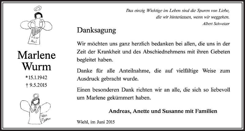  Traueranzeige für Marlene Wurm vom 01.07.2015 aus  Anzeigen Echo 