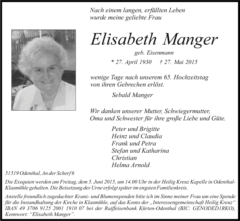  Traueranzeige für Elisabeth Manger vom 30.05.2015 aus Kölner Stadt-Anzeiger / Kölnische Rundschau / Express