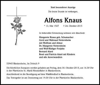 Anzeige von Alfons Knaus von Kölner Stadt-Anzeiger / Kölnische Rundschau / Express