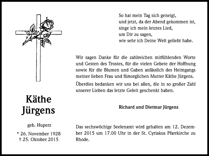  Traueranzeige für Käthe Jürgens vom 09.12.2015 aus Kölner Stadt-Anzeiger / Kölnische Rundschau / Express